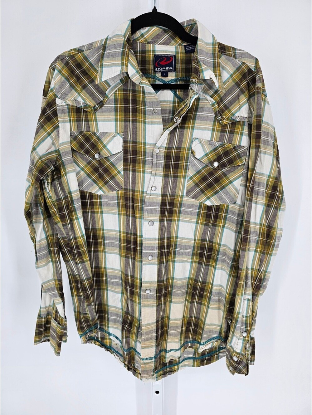 Roper Mens Sz L Long Sleeve Pearl Snap Western Cowboy Plaid Shirt Green Gray